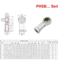 1/2 Inch Bore Rod End Bearing With 1/2-20 Right Hand Thread, Self-Lubricating Female Heim Joint, Heavy-Duty 9 Degree Misalignment, Rock-Solid 45 Steel Body, Hardened Ball, Includes Jam Nuts, 2 Pack photo with dimensions chart