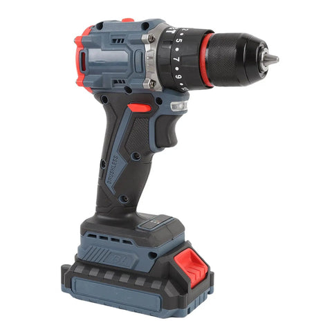 No Fuss Cordless Drill Kit Packing A Smooth Brushless Motor, 1500 Rpm Guts, Badass 45 Nm Torque To Chuck Through Wood And Plastic Effortlessly For Lazy Weekend Remodeling And Slick Diy Projects Us Plug Setup side view with grip and chuck.