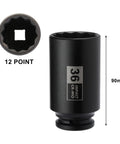 36mm CR-MO steel socket showing 12 point design, part of Deep Axle Nut Impact Socket Set For Half Inch Drive, 90mm height