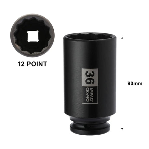 36mm CR-MO steel socket showing 12 point design, part of Deep Axle Nut Impact Socket Set For Half Inch Drive, 90mm height