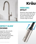 Infographic of Oletto Tall Modern Pull Down Kitchen Faucet With Single Handle Spot Free Stainless Steel Finish and features.
