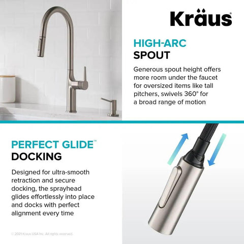 Infographic of Oletto Tall Modern Pull Down Kitchen Faucet With Single Handle Spot Free Stainless Steel Finish and features.