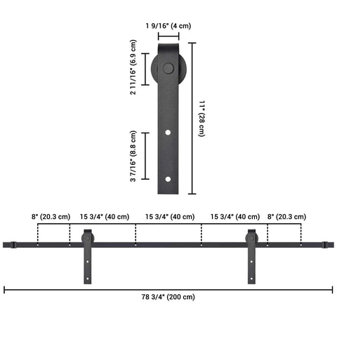 Diagram of 6.6 Ft Sliding Barn Door Hardware Kit For Heavy Duty Closet And Cabinet Doors, showing track and roller measurements