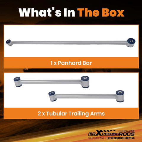 Rear Control Arm And Track Bar Kit For F-Body Camaro And Firebird 1982 To 2002 With Upgraded Polyurethane Bushings Heavy Duty Steel Construction Boosted Handling And Street Performance: 1 panhard bar and 2 tubular trailing arms