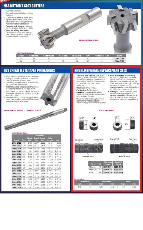 Image of machining tools including T-slot cutters, spiral flute pin reamers, and knurling wheel replacement sets in different pitches.