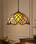 Tiffany Style Stained Glass Ceiling Pendant Light With Baroque Vibe, Handmade Glass Shade, 16 Inch Wide By 47 Inch High, lit room view