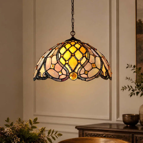 Tiffany Style Stained Glass Ceiling Pendant Light With Baroque Vibe, Handmade Glass Shade, 16 Inch Wide By 47 Inch High, lit room view