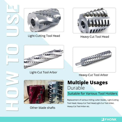 Diagram showing different cutting heads, including light-cut and heavy-cut tool heads and arbors, compatible with 12mm Square Straight Carbide Cutters For Woodturning With Drop-In Fit To Spiral And Helical Planer Cutters, Pro Grade Replacement Knife Set For Wood Lathe Turning Tools, 10-Piece Pack With 35 Degree Cutting Angle.