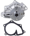 Heavy Duty Direct Replacement Water Pump With Gasket For Toyota And Scion Engines, front view with mounting base, durable steel.