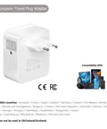 Back view of 2 Pack All In One European Travel Plug Adapter With 20W PD 3.0 And QC 3.0 Ports, white power hub with compatibility info.