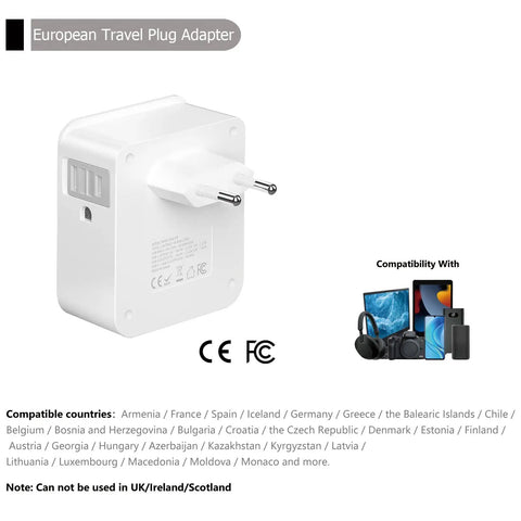 Back view of 2 Pack All In One European Travel Plug Adapter With 20W PD 3.0 And QC 3.0 Ports, white power hub with compatibility info.