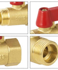Close-up of Solid Brass 1/2 Inch Full Port Ball Valve For No Sweat Water Control and Heavy Duty Plumbing with Red Handle.