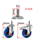 Heavy Duty Silent Swivel Casters Featuring Blue Tpr Rubber 4 Inch Stainless Steel Frame with dimensions shown for carts and furniture.
