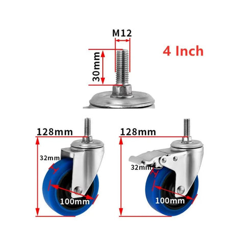 Four Pack 4 Inch 304 Stainless Steel Casters With Medium Blue TPR Rubber Wheels Silent Universal Swivel Rolling Brackets dimensions and details.