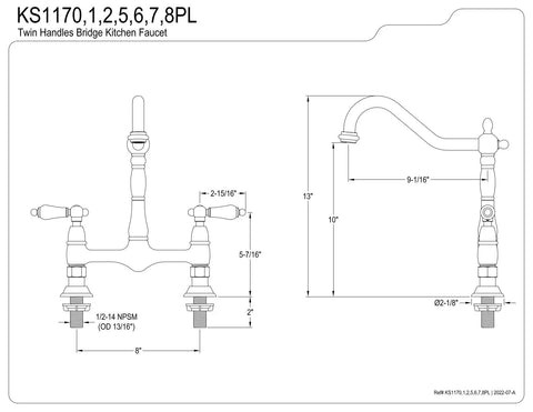 Diagram of Heritage 8-Inch Kitchen Faucet Without Sprayer In Brushed Nickel Solid Brass Construction with dimensions and parts.