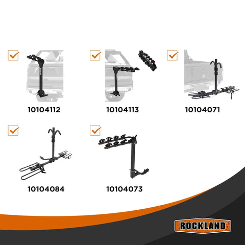 Car-mounted bike rack models by Rockland showing different styles, includes platforms and hanging types with identifiers 10104112 to 10104073.