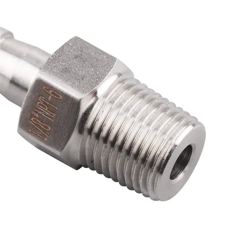 Close-up of Stainless Steel 1/4 Inch Hose Barb To 1/8 Inch NPT Male Pipe Fitting, Pack Of 2, for Home Brew and DIY Plumbing