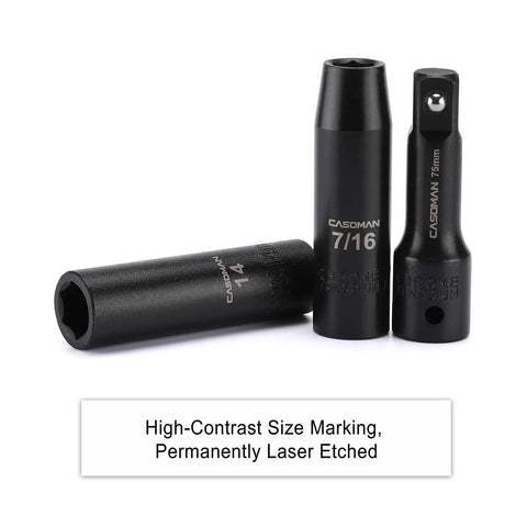 Deep 1/2 Inch Drive Impact Socket Set, Metric And SAE, 6 Point, Cr-V Steel, laser-etched size markings, various sizes displayed.