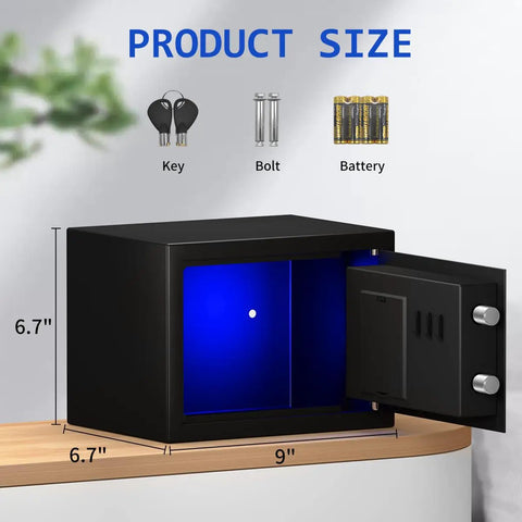Digital Safe Box With Sensor Light And Electronic Keypad, Sturdy Steel Construction, open with glowing interior, accessories shown