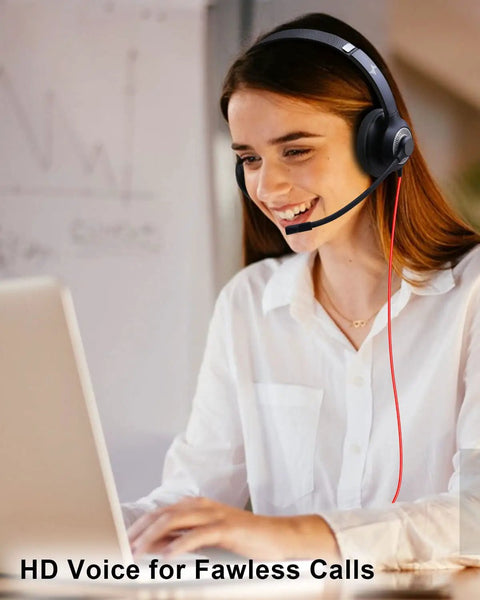 Person using USB Headset With Noise Cancelling Microphone For PC And Laptop On Ear Headphones With Inline Control All Day Comfy 3.5mm And USB Perfect For Home Office Online Classes Skype And Zoom Calls on a laptop