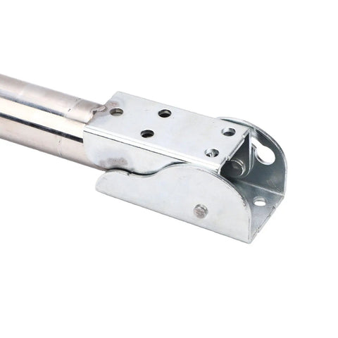 Close-up of Heavy Duty Stainless Steel Folding Table Leg With Adjustable Height From 18.5 To 28 Inches, showing joint and mounting.