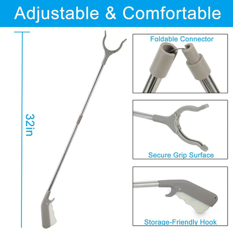 Two Pack Stainless Steel Grabber Reacher Tools Set With 32 Inch Foldable And 16 Inch Rigid Reachers, 360 Degree Rotating Jaw, Heavy Duty Trash Picker For Seniors, Home Garden Use