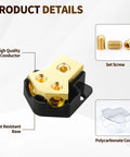 Two Way Power Distribution Block for Car Audio Dual 12V Distribution Block With Input 0 2 4 Gauge And Output 4 8 10 Gauge Grounded Amplifier Distributor With Transparent Cover 2 Pack, gold conductor and screws