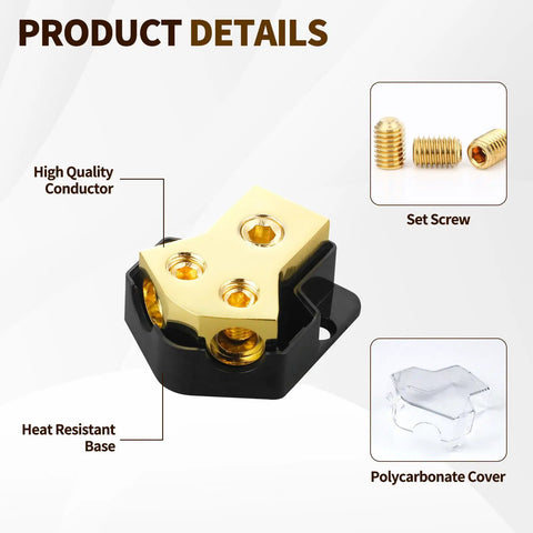 Two Way Power Distribution Block for Car Audio Dual 12V Distribution Block With Input 0 2 4 Gauge And Output 4 8 10 Gauge Grounded Amplifier Distributor With Transparent Cover 2 Pack, gold conductor and screws