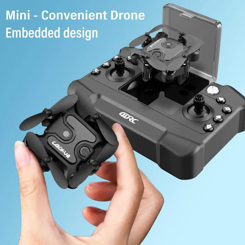 Hand holding Dope Mini 4K Drone With Foldable Design next to a controller, showcasing its compact size and embedded design.