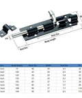 Solid As A Rock 12 Pc Black Lacquered Door Lock Latch Kit With 3 4 And 5 Inch Barrel Bolts, detailed measurements on latch and hardware.