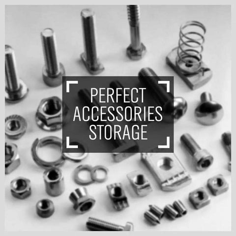 Assorted hardware items including bolts, nuts, springs, and screws laid out on a surface labeled 'Perfect Accessories Storage'.