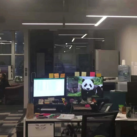 Office with dual monitors, one displaying a panda, with sleek integrated LED tube lighting in ceiling setup.