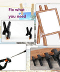 20 Piece Adjustable Nylon Mini Spring Clamps Two Inch Muslin Clamps for Photo Studio Backdrops and Woodworking DIY Projects with Soft Swivel Pads shown in various uses.
