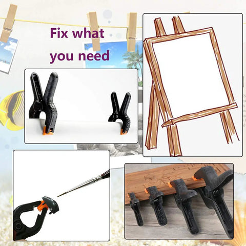 20 Piece Adjustable Nylon Mini Spring Clamps Two Inch Muslin Clamps for Photo Studio Backdrops and Woodworking DIY Projects with Soft Swivel Pads shown in various uses.