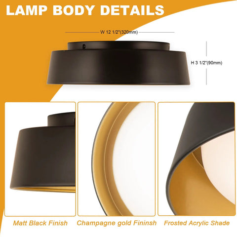 12.5 Inch LED Flush Mount Ceiling Light 26W 1350 Lumens Dimmable With Three Color Temperatures 3000K 4000K 5000K Matte Black With Gold