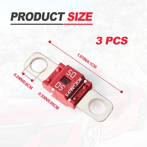 Built Like A Tank 50 Amp Midi Fuse Bolt On Kit For Universal Cars Trucks And Golf Carts High Current Zinc Terminal Harness dimensions shown.
