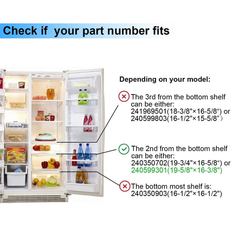 Replacement Crisper Pan Cover Frame Without Glass For Refrigerator 240599301 detailed shelf size guide with open fridge view.