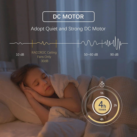 Child sleeping peacefully, highlighting the quiet DC motor of the Black Boss 52 Inch Ceiling Fan With Remote And Light Dimmable 22W LED Light