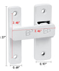 Heavy Duty Barn Door Latches, 180 Degree Swing Gate Lock in matte white finish with dimensions showing solid zinc alloy build.