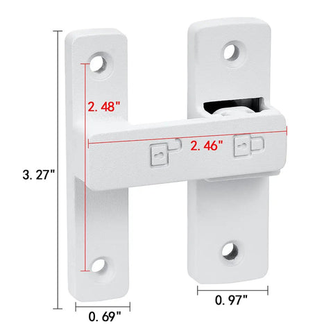 Heavy Duty Barn Door Latches, 180 Degree Swing Gate Lock in matte white finish with dimensions showing solid zinc alloy build.
