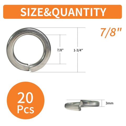 Rock Solid 7/8 Inch Spring Lock Washers 20 Pack 304 Stainless Steel Split Lock Fasteners shown with size measurements.