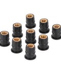 Rock Solid Rubber Well Nuts For Street Bikes And Atvs M6x0.8mm Thread 50 Piece Windscreen Fairing Hardware showing 10 black rubber nuts with brass inserts.