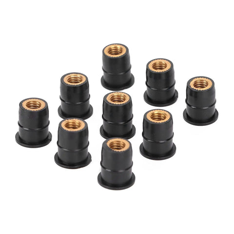 Rock Solid Rubber Well Nuts For Street Bikes And Atvs M6x0.8mm Thread 50 Piece Windscreen Fairing Hardware showing 10 black rubber nuts with brass inserts.