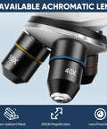 Close-up of 3 achromatic lenses on a Powerful Biological Microscope For Adults And Kids 100X-2000X With Phone Adapter And Slides Set