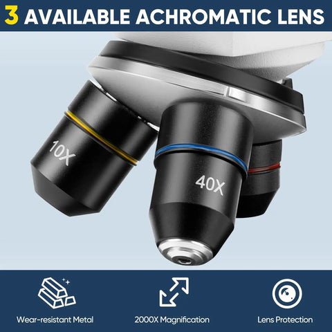 Close-up of 3 achromatic lenses on a Powerful Biological Microscope For Adults And Kids 100X-2000X With Phone Adapter And Slides Set