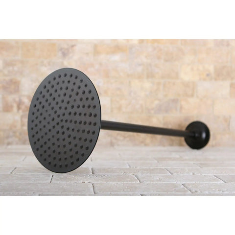 Shower Scape 7-3/4-Inch Round Brass Rain Shower Head With 17-Inch Ceiling Mount Arm In Polished Nickel, side view on stone