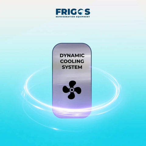 Dynamic cooling system graphic displayed on a sleek background, relevant for the Heavy Duty Commercial Undercounter Freezer 60 Inch.