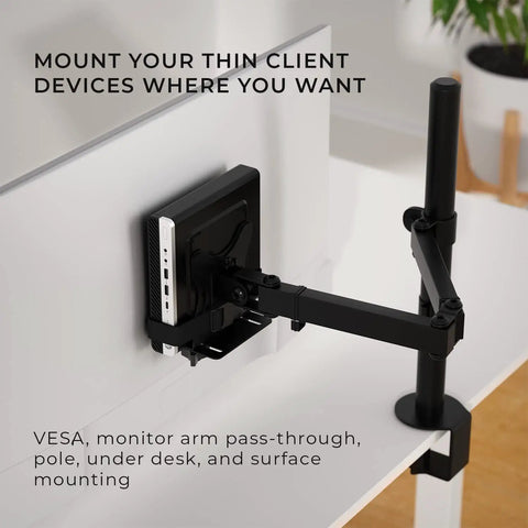 Thin Client Mount Bracket For Under Desk And VESA Arm Setups securely mounting mini PC to monitor arm on desk