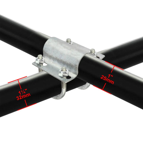 Eight Pack U Bolt Cross Pipe Clamps For Greenhouse And Chain Link Fence Builds, Heavy Duty Adjustable Grid Connectors, shown installed