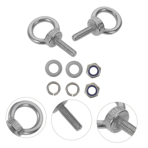 Heavy Duty M6x20 Stainless Steel Threaded Eyebolts With Nut And Washer Rock Solid Hook Bolts For Lifting And Hoisting Includes Nylon Nut And Flat And Spring Washers For Anti Loosening Protection Durable Industrial Grade Fasteners, with nut and washers